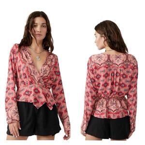 Free People Falling For You V-Neck Faux Wrap Printed Blouse XS